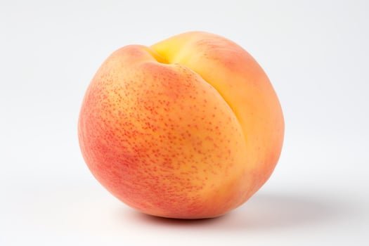 A single peach sits on a white table. Its skin is a deep orange, with a slight blush of red on one side. The peach is photo