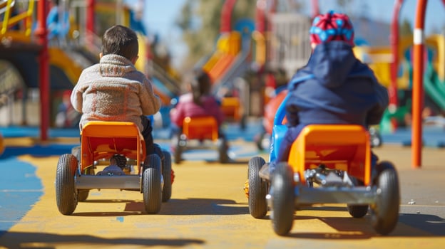 Kids racing each other on solarpowered pedal cars at the playground photo