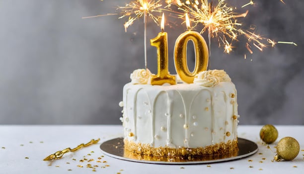 Birthday cake with burning candle, number ten. 10 years old. Third anniversary. Tasty festive dessert. photo