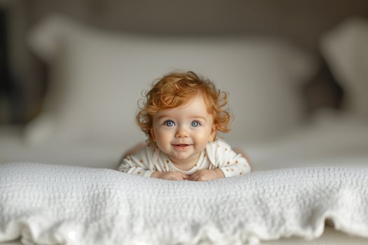Smiling baby with red hair and blue eyes lies on a soft white blanket, radiating happiness and innocence in a cozy and comforting setting. Perfect for showcasing family love and joy photo