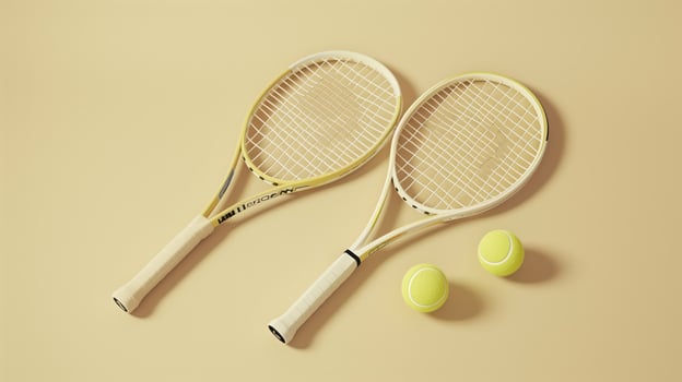 Two tennis rackets and balls lying on a yellow surface, creating a simple yet captivating composition photo