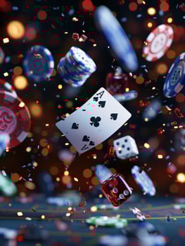 Casino table with green felt, poker chips, playing cards, and dice under sparkling bokeh lights photo
