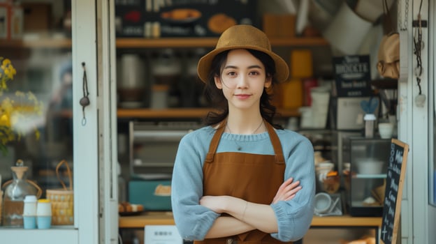 Confident young asian barista woman in a hat and apron standing with arms crossed at the cafe entrance photo