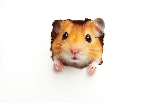 Hamster peeking out of a hole in paper isolated on white background. photo
