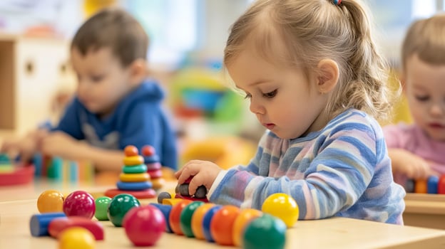 Cute little girl playing with colorful wooden toys in kindergarten. photo