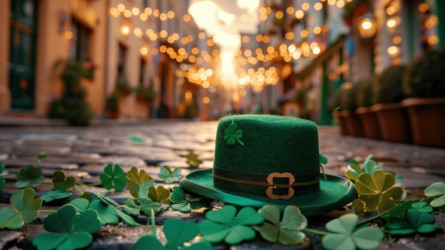 Green leprechaun hat is lying on cobblestones with shamrocks for st patrick's day celebration photo