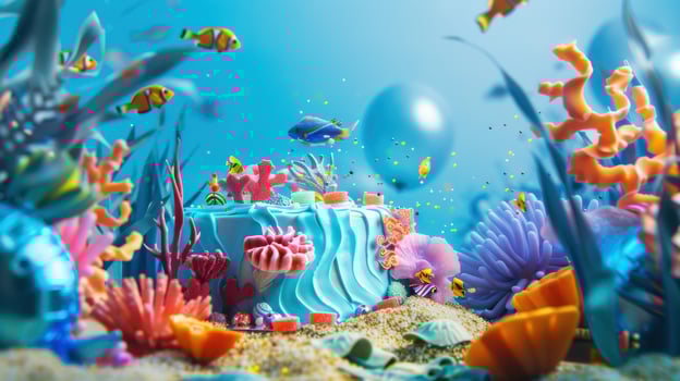 Undersea Birthday Cake With Colorful Fish and Coral Reef Decorations photo