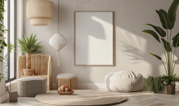 Boho chic living room with a large vertical frame mockup hanging on a beige wall and sunlight streaming through the window photo