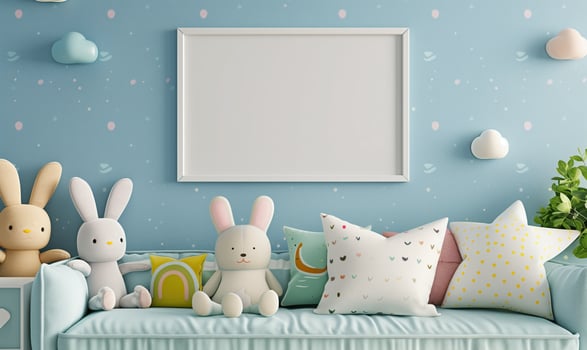 Modern baby room with a blank frame on a blue wall, complete with a comfy sofa and adorable stuffed toys photo