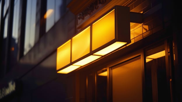 A sleek modern sign for a restaurant lit up by the suns energy inviting customers to dine in photo