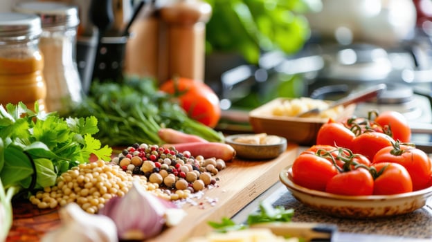 Fresh Herbs, Spices, and Tomatoes Await Culinary Creation in a Vibrant Kitchen photo
