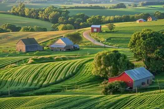 Farm in rural area with red barn and green fields photo