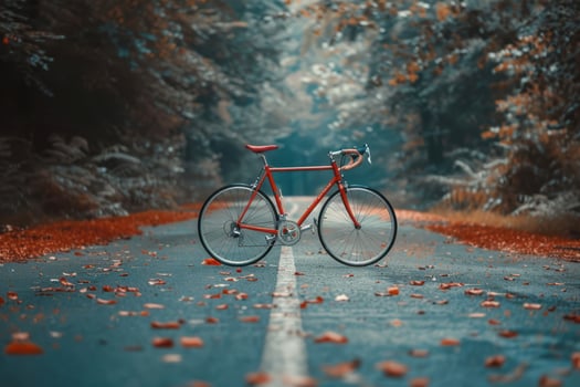 A red bicycle is parked on the road in the middle of a forest photo
