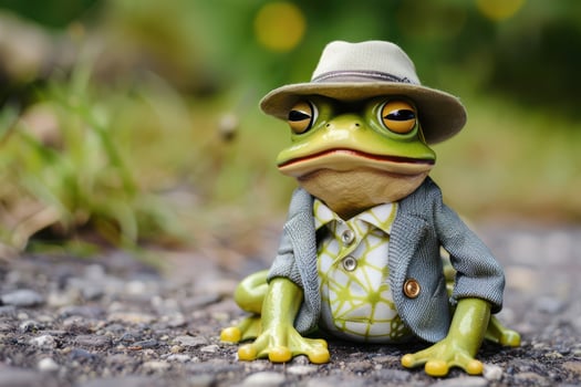 A frog wearing a suit and tie sitting on the ground photo