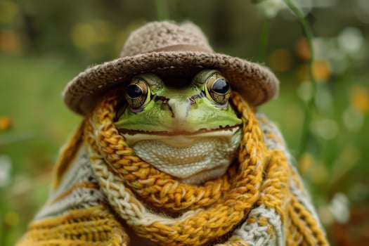 A frog wearing a hat and scarf in the wild photo