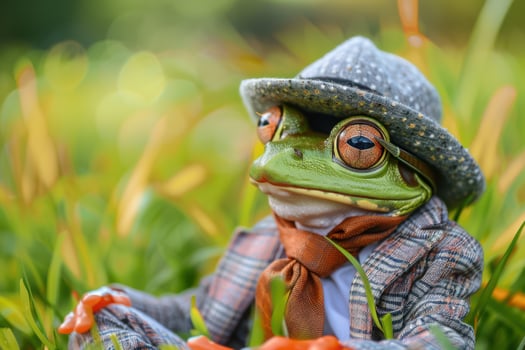 A frog wearing a hat and suit sitting in the grass photo