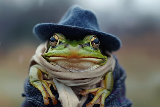 A frog wearing a hat and scarf photo
