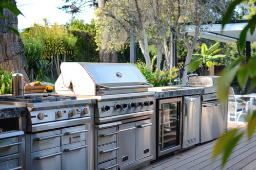 A large outdoor kitchen with a grill and a sink photo
