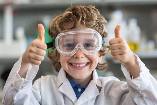 A boy in a lab coat and goggles giving thumbs up photo