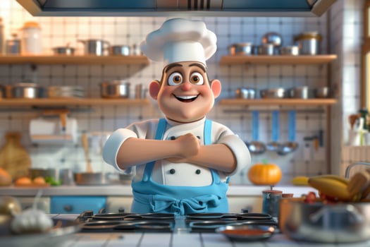 A cartoon chef standing in the kitchen photo