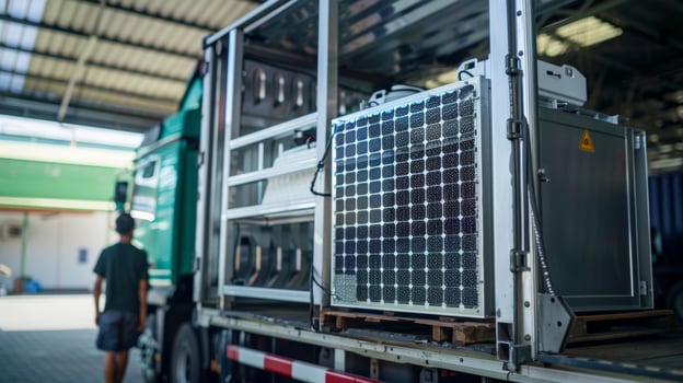 A mobile solarpowered refrigeration unit being loaded onto a truck ready to be transported to a rural farming community for improved food storage photo