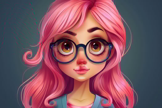 A cartoon girl with pink hair and glasses photo