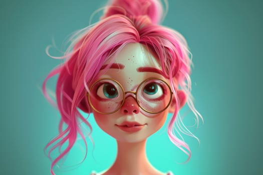A cartoon girl with pink hair and glasses photo