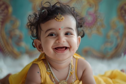 A baby in a yellow dress smiling photo
