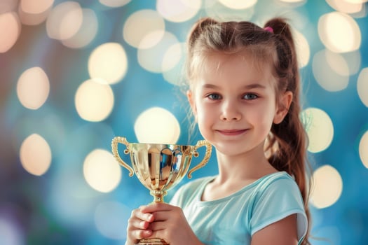A little girl holding a trophy in front of a bokeh background photo