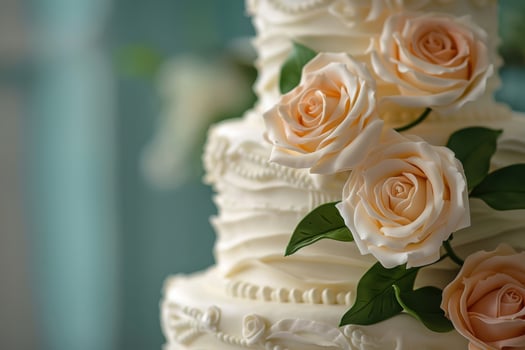 A close up of a wedding cake with roses photo