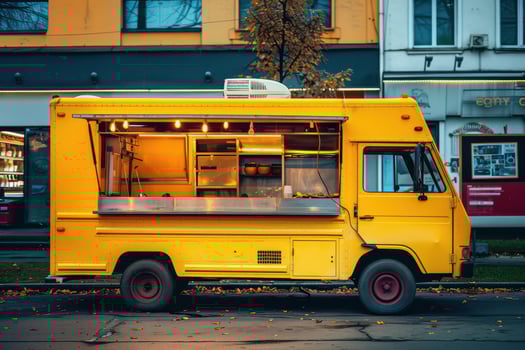 A yellow food truck parked on the side of the road photo