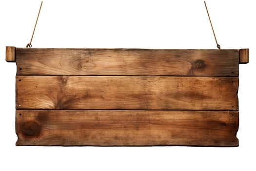 A wooden sign hangs from ropes. The wood is old and weathered. photo