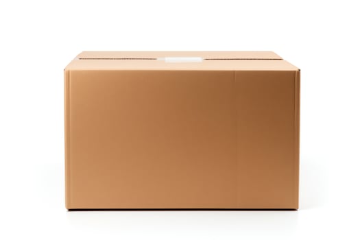 A brown cardboard box with a white label on the top. The box is isolated on a white background. photo