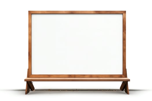 Create a minimal wooden street advertising billboard with a blank white message board and a bench in front of it. The billboard should be isolated on a transparent background. photo