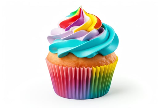 A delicious rainbow cupcake with blue frosting on top. The cupcake is sitting on a white background. The cupcake is perfect for a birthday party or any other special occasion. photo