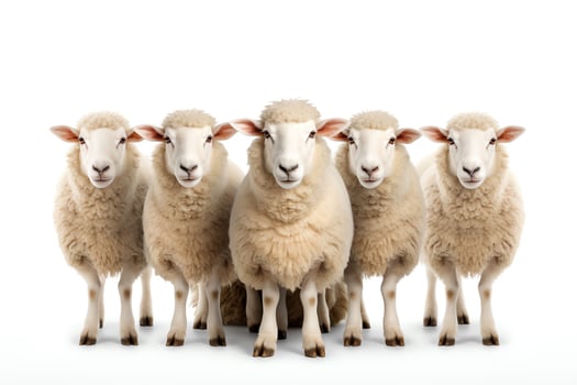 A group of sheep standing in front of a white background photo