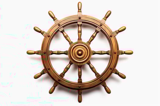 A wooden ship's wheel with a white background. photo
