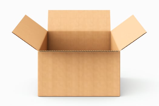 A brown cardboard box is sitting on a white background. The box is open and empty. photo