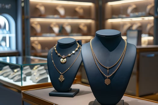 Two necklaces are displayed on mannequins in a jewelry store photo