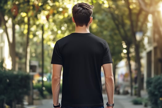 man dressed in a black t shirt walks through an urban park his back to the camera photo