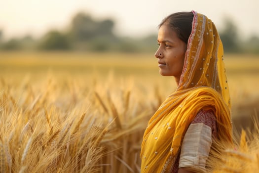 Indian Female Farmer Standing Proudly in a Wheat Field photo
