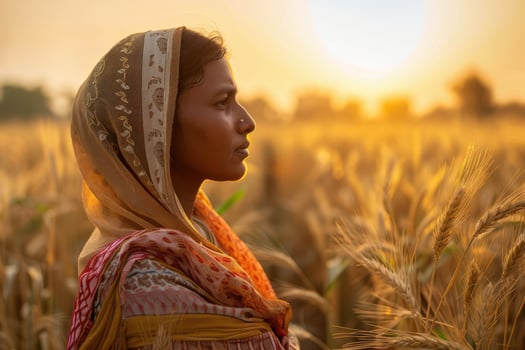Indian Woman Farmer Overlooking Her Wheat Field photo