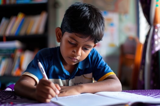 Indian Schoolboy Doing Homework at His Study Desk at Home photo