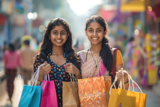 Indian Young Female Friends Enjoying Their Shopping Experience with Bags photo