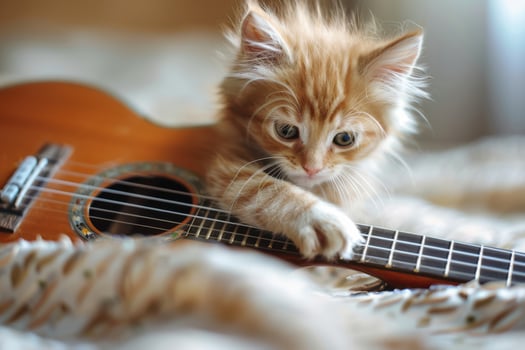 Cute Kitten Engaged with a Guitar, Capturing a Fun and Playful Scene Full of Joy photo