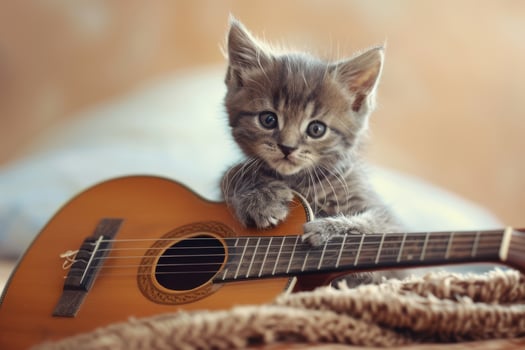 Cute Kitten Engaged with a Guitar, Capturing a Fun and Playful Scene Full of Joy photo