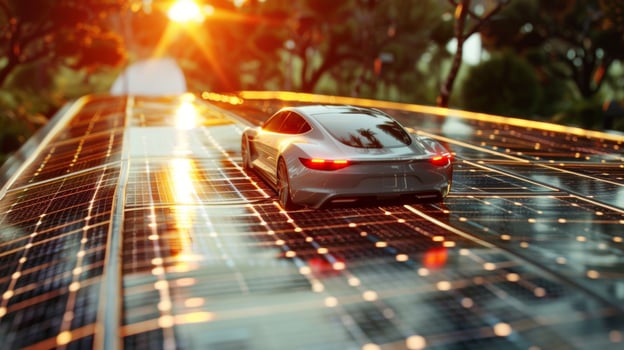 A car driving on a solar road its battery charging from the sunlight absorbed through the panels photo