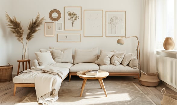 Sun shining through the window illuminating a modern, minimalist living room with a beige sofa and a gallery wall photo