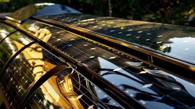 A closeup of a solar panel on a train capturing the intricate design and reflective surface photo
