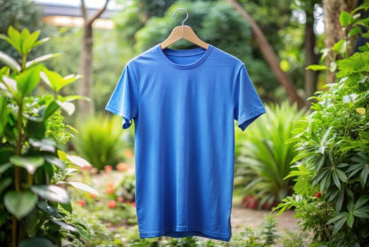 A blue t - shirt hanging on a hanger in the garden photo